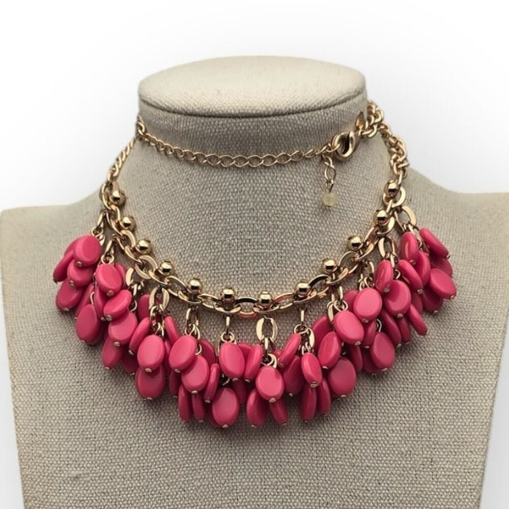 Hot Pink Cluster Necklace Gold Tone Resort Glam Color Pop